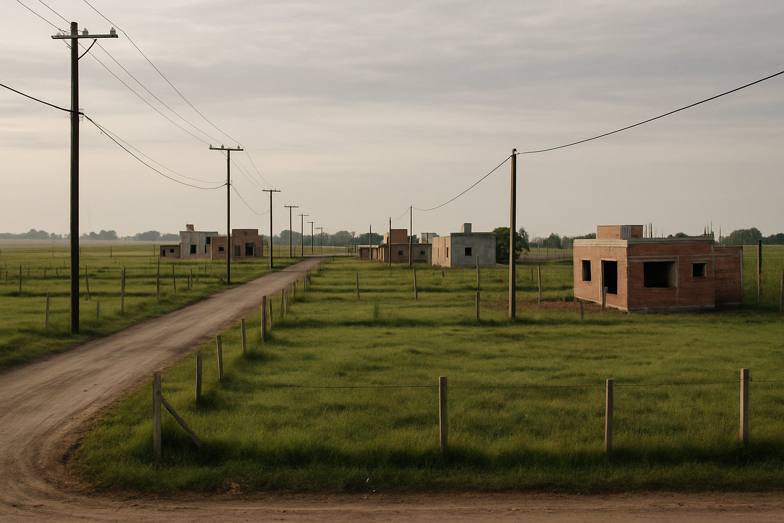 Vista ilustrativa de terrenos, calles de tierra y viviendas en construcción en un entorno periurbano.