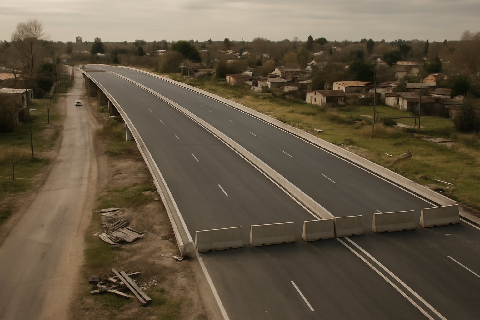 Vista ilustrativa de una autopista asfaltada y cerrada junto a una calle local en el conurbano bonaerense