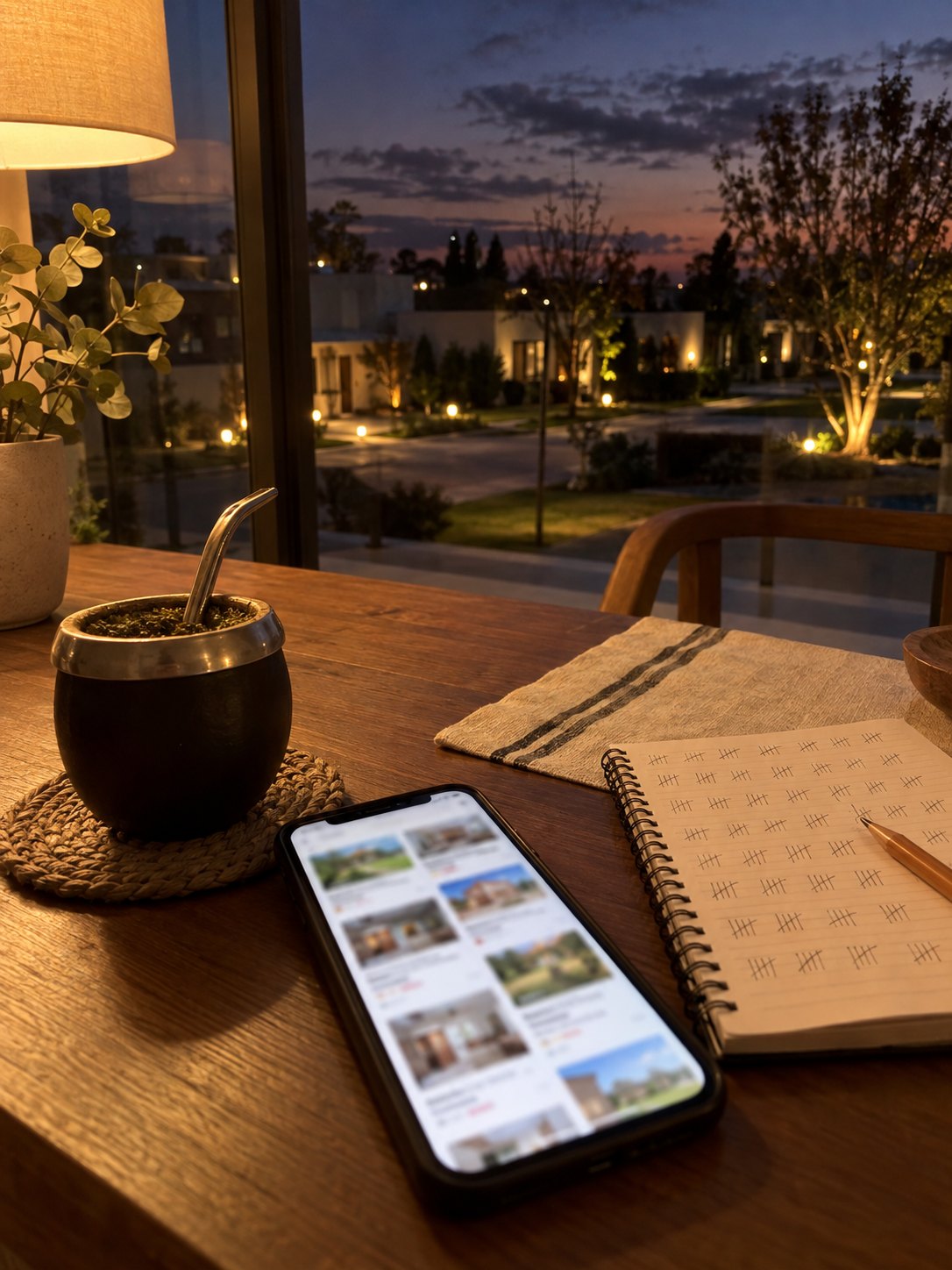 Un celular sobre una mesa de madera de noche, con una pantalla llena de avisos borrosos, al lado de un mate y un cuaderno lleno de palitos de conteo, frente a una ventana que da a la calle iluminada de un barrio cerrado